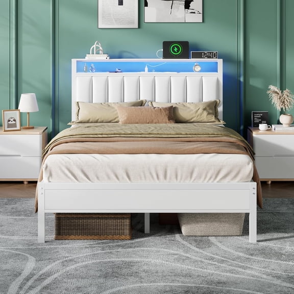 White Full Size Bed Frame with Charging Station & LED Lights | PU Upholstered Headboard, Metal Platform Bed with 2-tier Storage Shelves, Noise Free, No Box Spring Needed