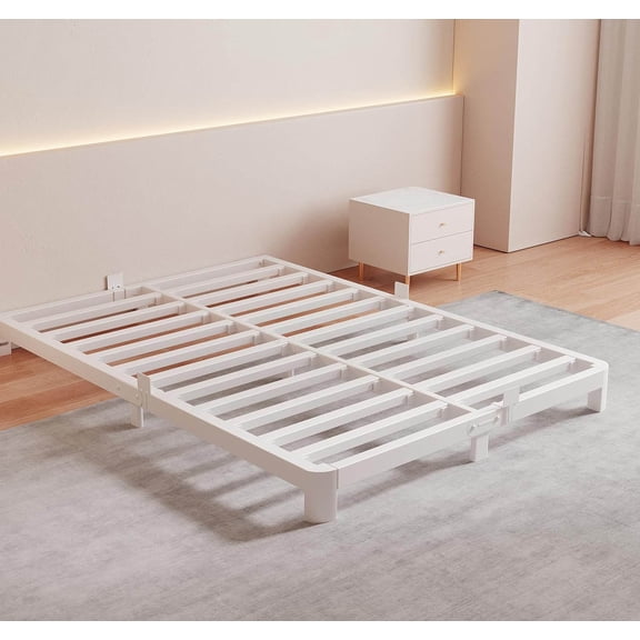 White Full Size Bed Frame Low Profile, No Box Spring Needed, DIY Headboard, Mattress Stoppers, Heavy Duty Support, Rounded Legs, Easy Assembly, Noiseless