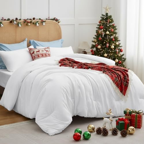 White Full Size Comforter Set, 3 Pieces Solid Breathable Quilted Style Bedding Sets, Luxury Fluffy Soft Bed Set with Down Alternative Comforter for All Season (1 Comforter & 2 Pillowcases)