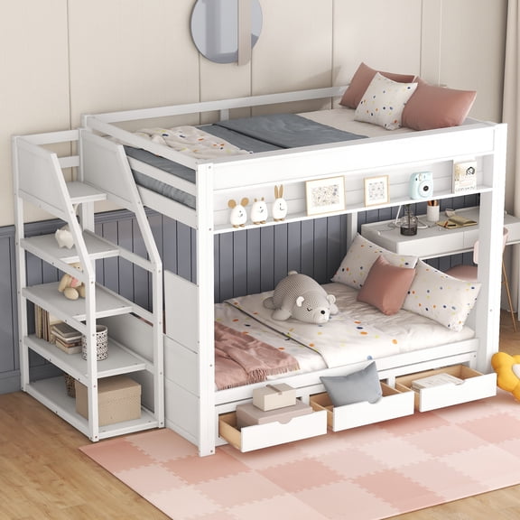 White Full Size Convertible Wood Bunk Bed with Storage Staircase, Built-in Bedside Table & 3 Drawers