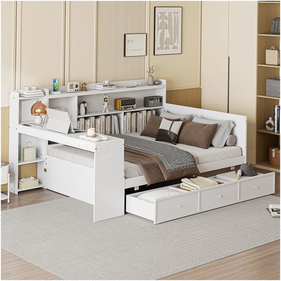 White Full Size Daybed with Built-In Desk, USB Ports & 3 Drawers for Storage