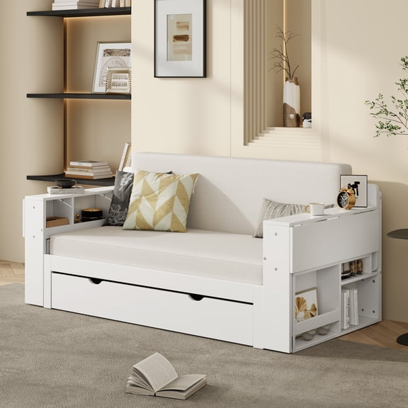 White Full Size Daybed with Removable Desk, Storage Drawers & Hydraulic Side Table