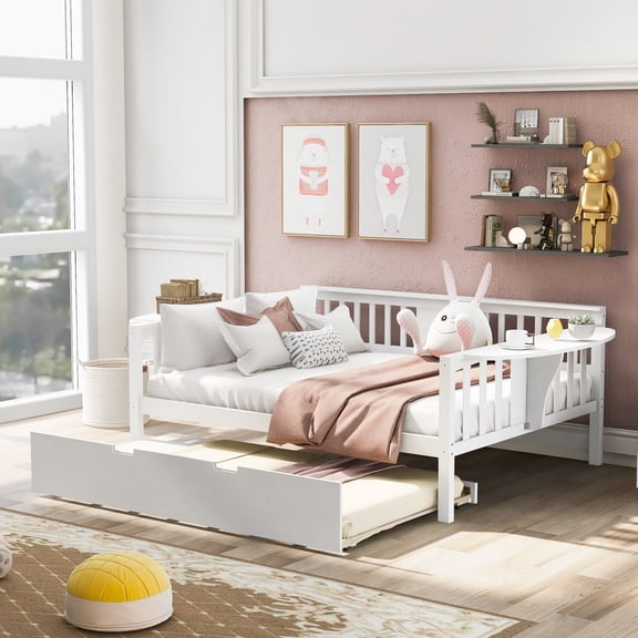 White Full Size Daybed with Twin Size Trundle, Wood Slat Suppor