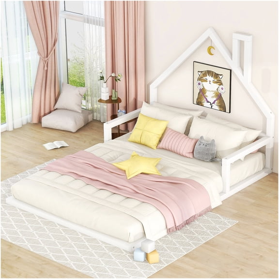 White Full Size Floor Bed with House Frame Headboard, No Box Spring Needed, Low Profile Platform Bed Frame, Modern Minimalist Design