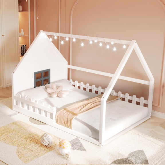 White Full Size House Bed With Wood Fence, Window - Resting Area Fence And Bedroom Feature For Use