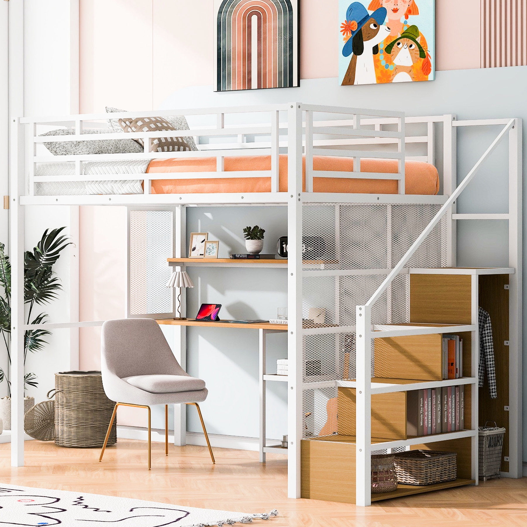 White Full Size Metal Loft Bed | Space-saving Design with Desk and ...