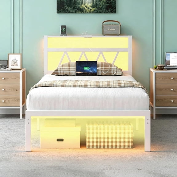 White Full Size Metal Platform Bed Frame, No Box Spring Needed, RGB LED Light Headboard with Charging Station, Under Bed Storage, Noise Free Modern Bedroom Bed