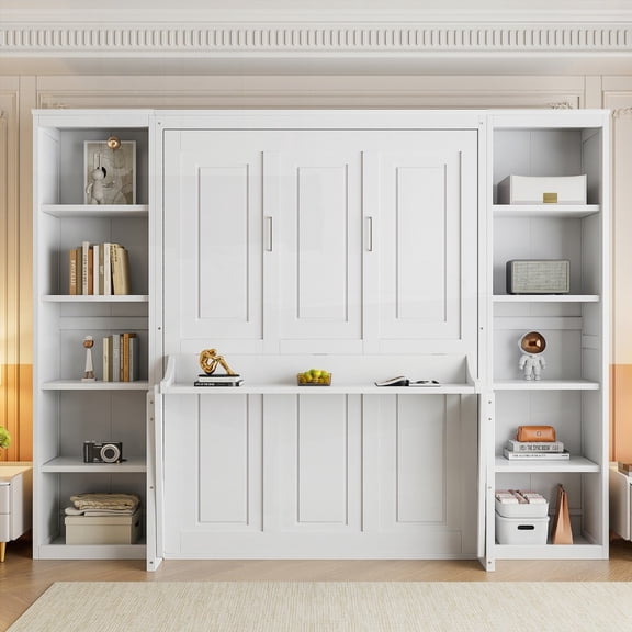 Full Size Pine Wood Murphy Bed with Desk and Bookshelf, White, No Spring Box for Bedroom