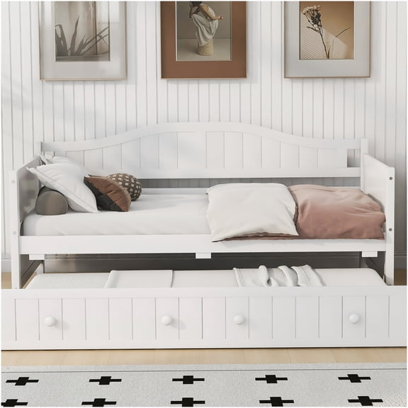 White Twin Daybed with Trundle, Solid Wood Sofa Bed for Guest Room, Space Saving Cottage Style
