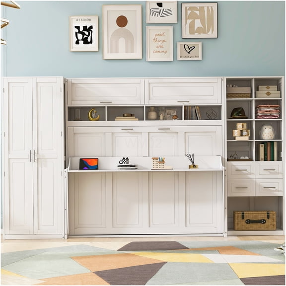 White Full Size Murphy Bed with Closet and Storage, Space Saving Wall Bed Unit with Drawers and Shelves for Bedroom