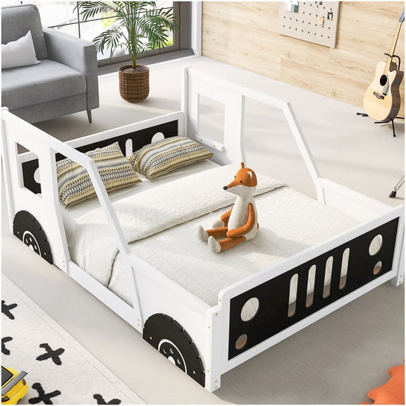 White Full Size Platform Bed Frame with Race Car Design and Wheels, No Box Spring Needed