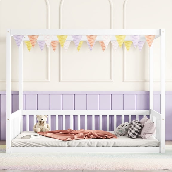 White Full Size Wood Canopy Floor Bed Frame with Guardrails & Fence - Sturdy Rubberwood & Plywood Low Profile Kids Toddler Bed for Safe Sleep & Play