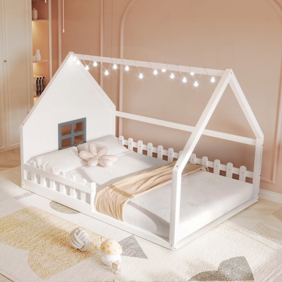 White Full Size Wood House Bed Featuring Fence & Window - Solid Pine Wood + MDF for Durability