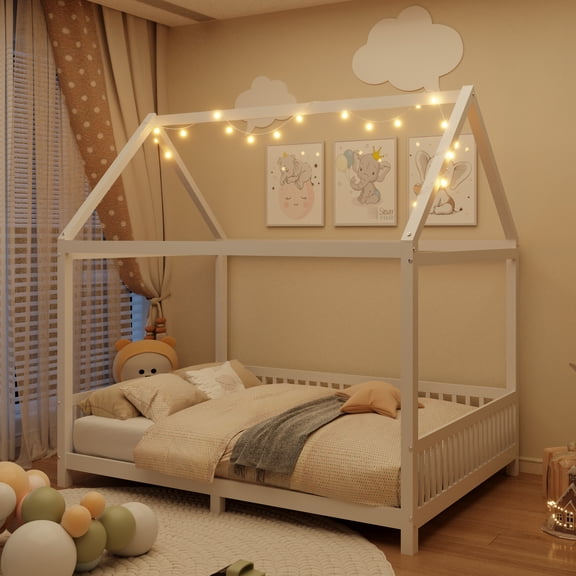 White Full Size Wood House Bed With Guardrail & Led - Offer A Restful Sleep And Equipped Size, White, For Wonderful ' Bedroom