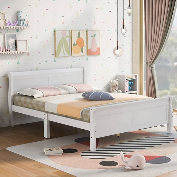 White Full Size Wood Platform Bed with Headboard and Durable Slat Support