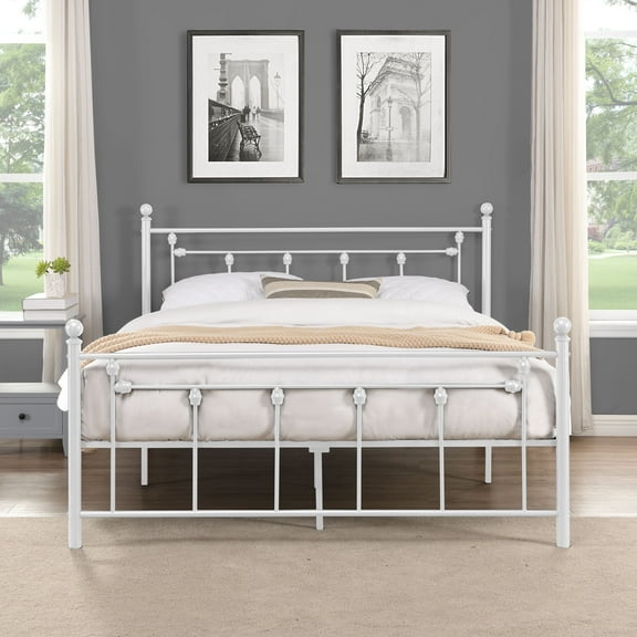 White Full Victorian Style Metal Platform Bed (Fully Slated)