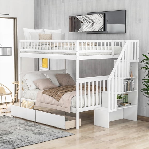Full Size Pine Wood Storage Bed Frame with Two Drawers and High Guardrail, White for Bedroom