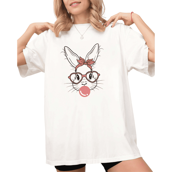 White Funny Bunny With Bandana Bubble Gum Print Tshirt S-5XL Graphic Tees Shirts Easter Animal Holiday Tops