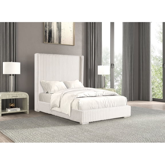 White Fur Chenille Fabric Bedroom 1pc Twin Size Bed Mattress Ready High Headboard Bedframe