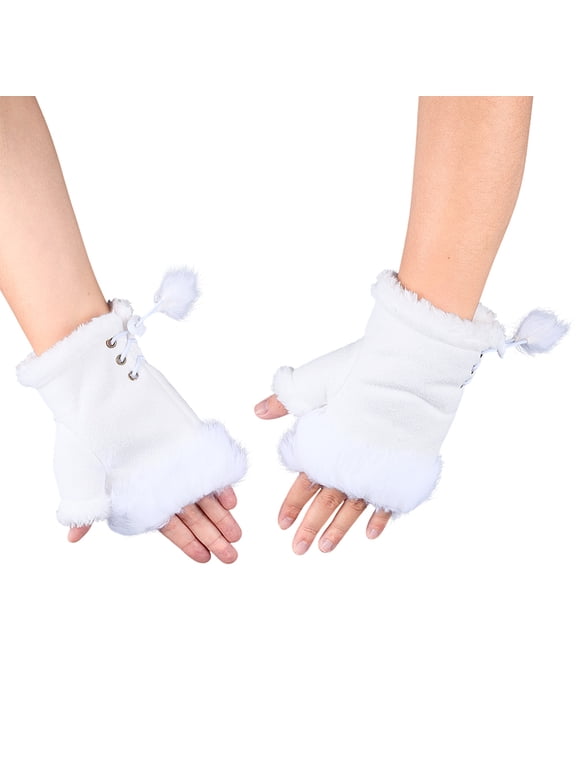 White Fur Fingerless Gloves Winter Cold Weather Fuzzy Suede Leather Fabric Warm Hand Wrist Half Finger Soft Fuffly MittensDIY