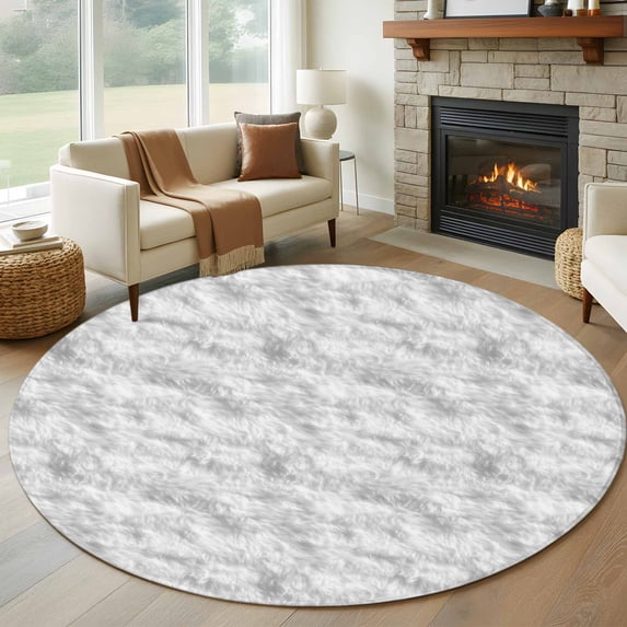 White Fur Patterned Round Area Rug 6 FT, Non Slip Bedroom Rugs, Pure Solid Minimalist Modern Color Washable Soft Circular Carpet Non-Shedding Floor Mat for Kitchen Dining Room Home Office Kids Room