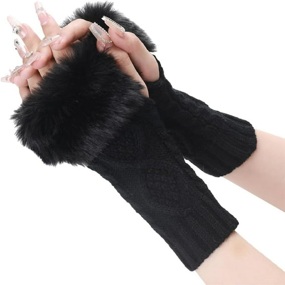 White Furry Fingerless Gloves, Fluffy Winter Knitting Soft Thumb Hole, Faux Fur Hand Wrist Warmer, Knit Crochet Gloves Mittens for Women Unisex Typing Driving Supplies