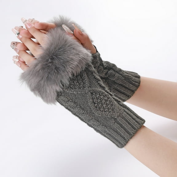 White Furry Fingerless Gloves, Fluffy Winter Knitting Soft Thumb Hole, Faux Fur Hand Wrist Warmer, Knit Crochet Gloves Mittens for Women Unisex Typing Driving Supplies