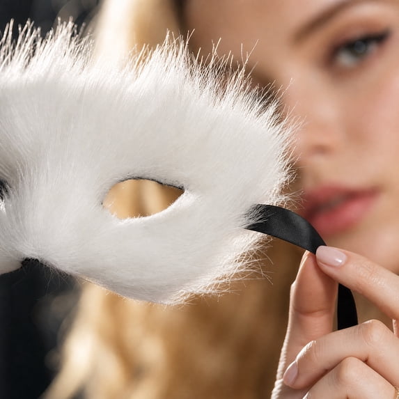 White Furry Fox Masquerade Mask 9 Inch Halloween Mask Half Face Mask for Masquerade Party Mardi Gras Mask Soft Plush Accessory for Themed Events, 1 Pack