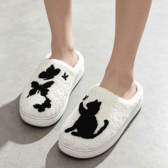 White Fuzzy Cat Butterfly Slippers for Women, Plush Mule House Shoes, Cozy Indoor Slip-on Scuffs with Non-slip Sole