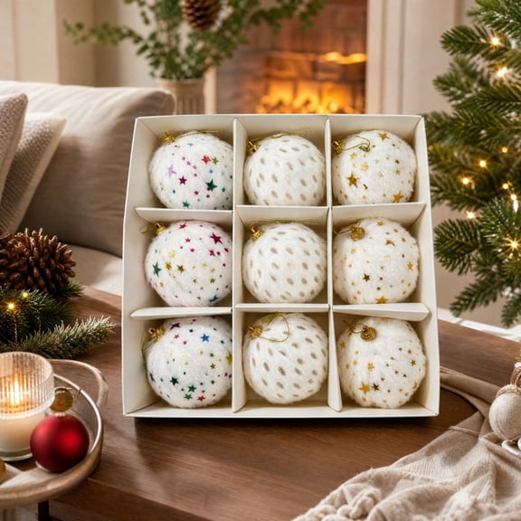 White Fuzzy Spherical Bauble, Hollow Textured Fabric Ornament, Colorful Star Sequin Hanging Sphere for Christmas Tree and Indoor Seasonal Decoration