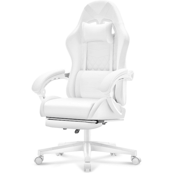 White Gaming Chair,Ergonomic Massage Computer Office Desk Chair with Footrest,Pocket Spring Cushion,Reclining Leather Adjustable Gamer Chair with Headrest and Lumbar Support,White