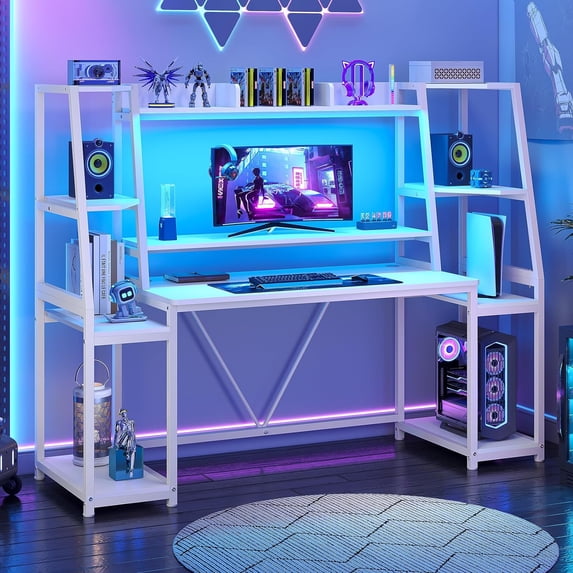 White Gaming Desk 65.7'' with LED Lights, Hutch and Storage Shelves, Computer Desk with Monitor Stand, Large PC Gamer Desk Workstation, Ergonomic Gaming Table for Bedroom, Living Room
