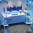 thumbnail image 1 of White Gaming Desk 70.8'' with LED Lights and Storage Shelves, Computer Desk with Monitor Stand, Power Outlets and Cup Holder, Large PC Gamer Desk, Gaming Table for Bedroom, Living Room, 1 of 12