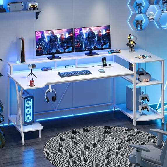 White Gaming Desk 70.8'' with LED Lights and Storage Shelves, Computer Desk with Monitor Stand, Power Outlets and Cup Holder, Large PC Gamer Desk, Gaming Table for Bedroom, Living Room