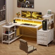 White Gaming Desk with Drawers & Storage Shelves, L-Shaped Gaming Desk with Power Outlets & LED Light, Reversible Computer Desk with Monitor Stand & Hooks for Home Office