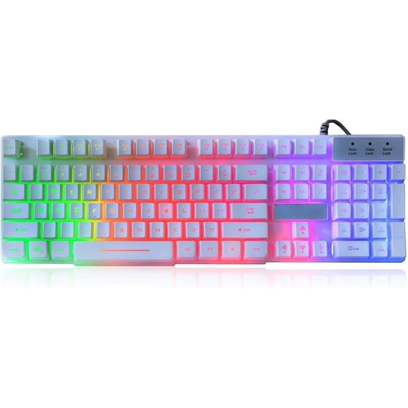 White Gaming Keyboard,USB Wired Multiple Colors Rainbow LED Backlit Large Size Mechanical Feeling Ultra-Slim Multimedia Office Keyboard Non-Slip for Primer Gaming and Working,Office Device