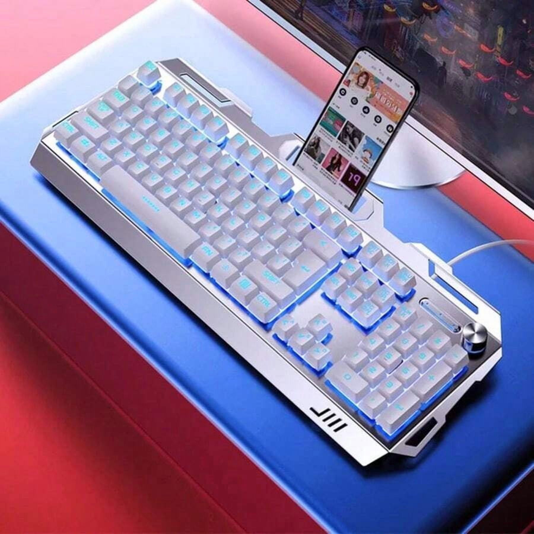 White Gaming Mechanical Keyboard, Blue LED Backlit, Multimedia Knob For Audio & Brightness, Heavy-Duty Metal Construction, Adjustable Knob