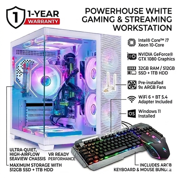 White Gaming Workstation Desktop PC - i7 Xeon 10Core, GTX 1080, 32GB RAM, 512GB SSD + 1TB HDD, WiFi 6, BT5.4, ARGB Fans, 650W PSU, WIN11, KB& Mouse