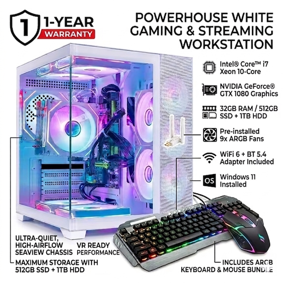 White Gaming Workstation Desktop PC - i7 Xeon 10Core, GTX 1080, 32GB RAM, 512GB SSD + 1TB HDD, WiFi 6, BT5.4, ARGB Fans, 650W PSU, WIN11, KB& Mouse