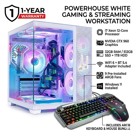 White Gaming Workstation Desktop PC - i7 Xeon 12-Core, GTX 960 Graphics, 32GB RAM, 512GB SSD + 1TB HDD, USB WiFi 6, Bluetooth 5.4, ARGB Fans, 650W PSU, Windows 11, Keyboard & Mouse