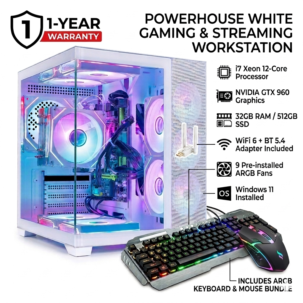 White Gaming Workstation Desktop PC - i7 Xeon 12-Core, GTX 960 Graphics, 32GB RAM, 512GB SSD, USB WiFi 6, Bluetooth 5.4, ARGB Fans, 650W PSU, Windows 11, Keyboard & Mouse