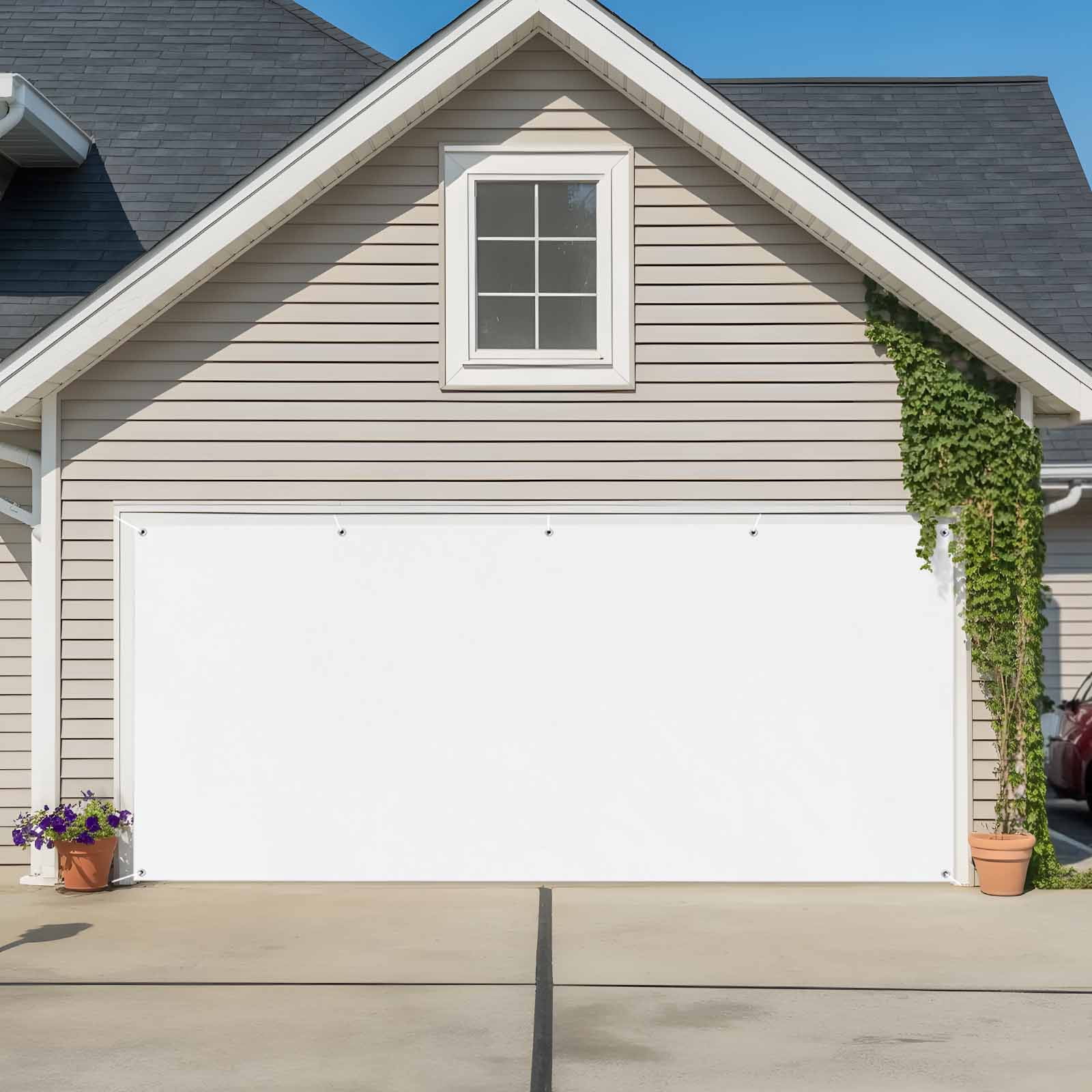 White Garage Door Cover Banner 7 x 8 FT, Modern Minimalist Pure Soild Color Garage Door Curtains Backdrop with Grommets for Indoor Outdoor Wall Party Porch Yard Decorations Background