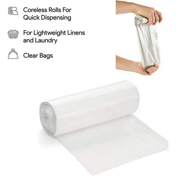White Garbage Can Liners, Small - Medium Trash Can Liners - High Density, Thin, Lightweight - for Office, Home, Hospital Wastebaskets - 2 Coreless Rolls