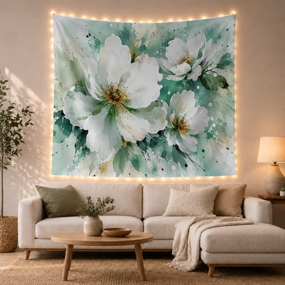 White Magnolia Watercolor Tapestry Wall Hanging