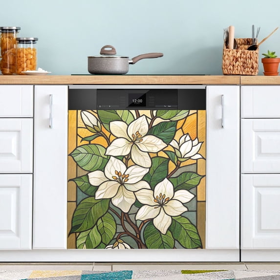 White Gardenia Dishwasher Magnet Cover Reuseable Refrigerator Magnet Cover Decal Kitchen Fridge Microwave Stickers Hoilday Party Decor 23 x 26 inch
