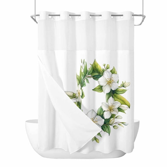 White Gardenia No Hooks Shower Curtain with Snap-in Liner Spring Watercolor Green Floral Wreath Flower Leaf Shower Curtains for Bathroom, Waterproof, Easy Install, Washable 72"x96"