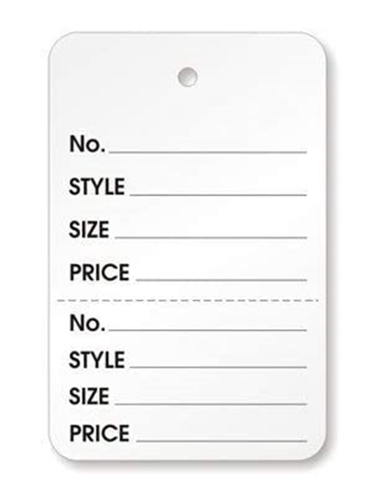 White Garment Tag, Large, 2-7/8" x 1-3/4", Lines ("No, STYLE, SIZE, PRICE"), Perforated Tear-Off Receipt, Hole, No String - 1000/BOX