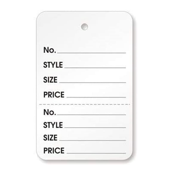 White Garment Tag, Large, 2-7/8" x 1-3/4", Lines ("No, STYLE, SIZE, PRICE"), Perforated Tear-Off Receipt, Hole, No String - 1000/BOX