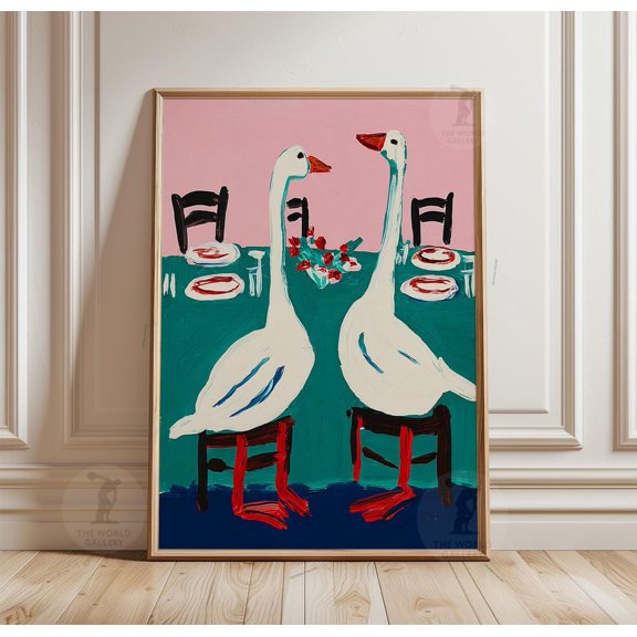 White Geese Dining Table Poster Unframed Paper Print