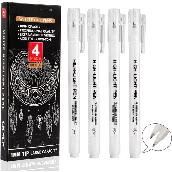 White Gel Pens,4 Pack, 1mm Fine Point Opaque White Archival Ink Pens,Gel Ink Pen Set,for Black Paper Drawing,Card Making, Art Highlight & Artists Drawing